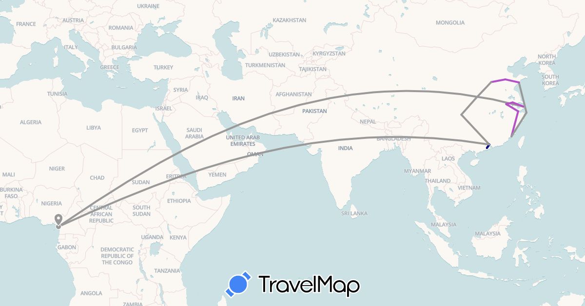 TravelMap itinerary: driving, plane, train in Cameroon, China (Africa, Asia)