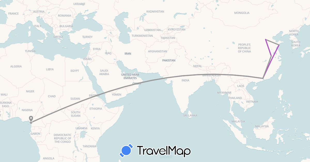 TravelMap itinerary: driving, plane, train in Cameroon, China (Africa, Asia)